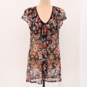 Wilde Floral Mesh Ruffle Tunic Top Womens Size 1X Black Sheer Fairy Grunge  Boho
